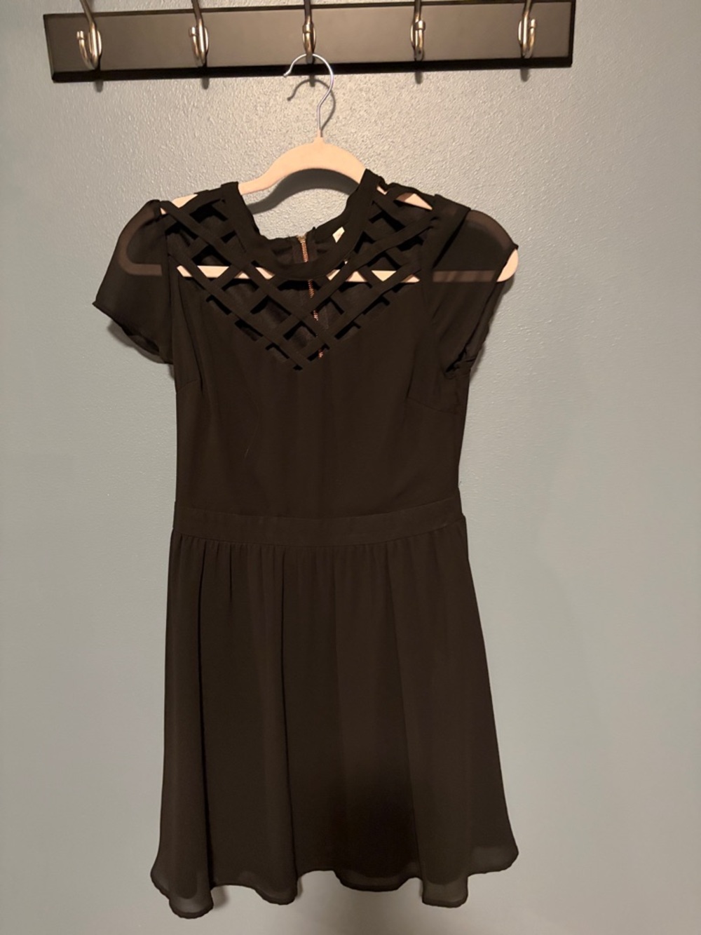 Xhilaration Black Short Sleeve Mini Dress with Lattice Yoke